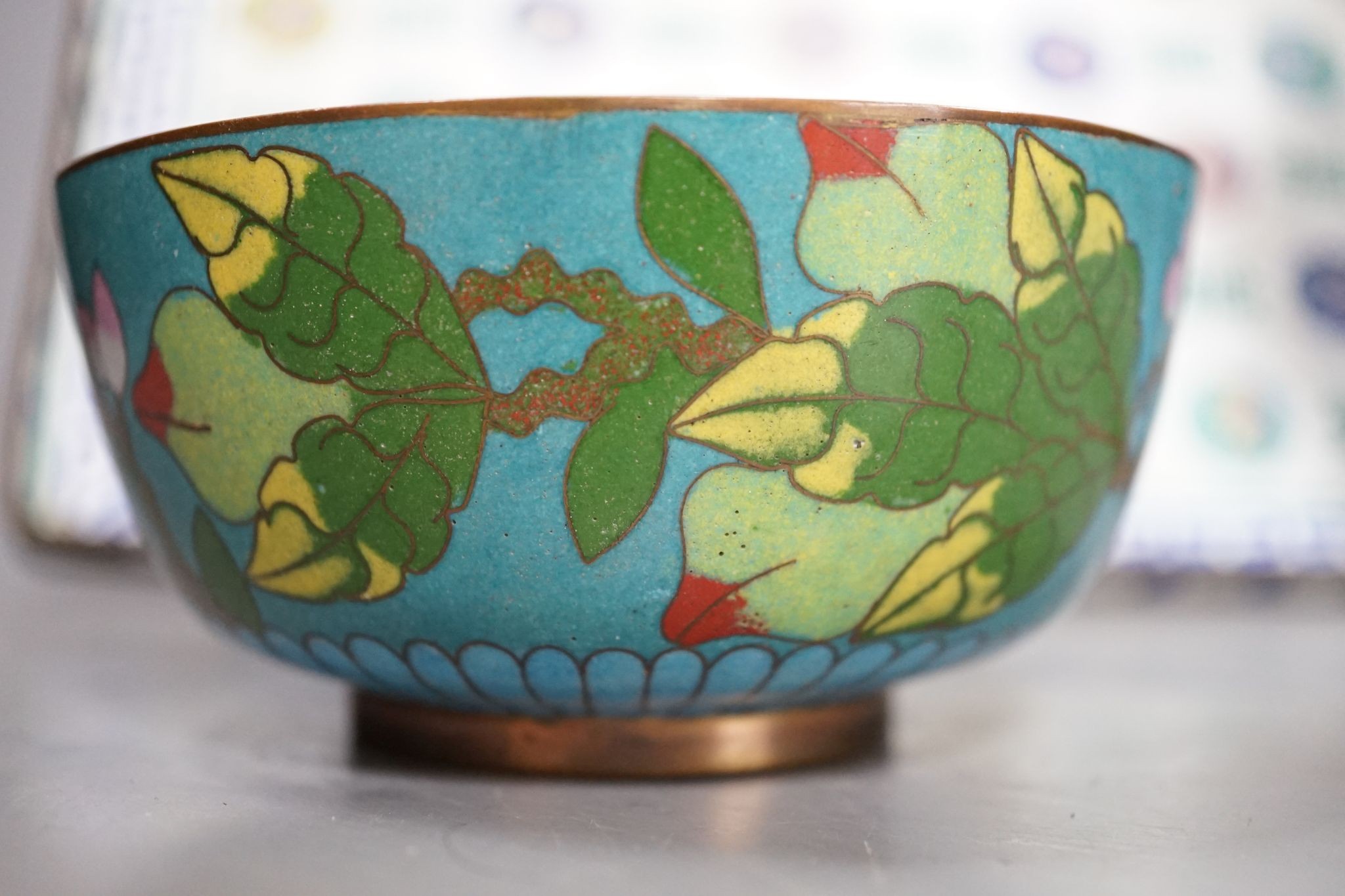 A 19th century Canton enamel tray, a cloisonne enamel bowl and a vase, 30cm